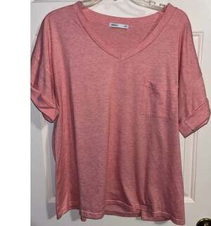 Miholl Tee Shirt Womens XXL Pink Heathered V-Neck Cuffed Sleeve Pocket Top 2XL